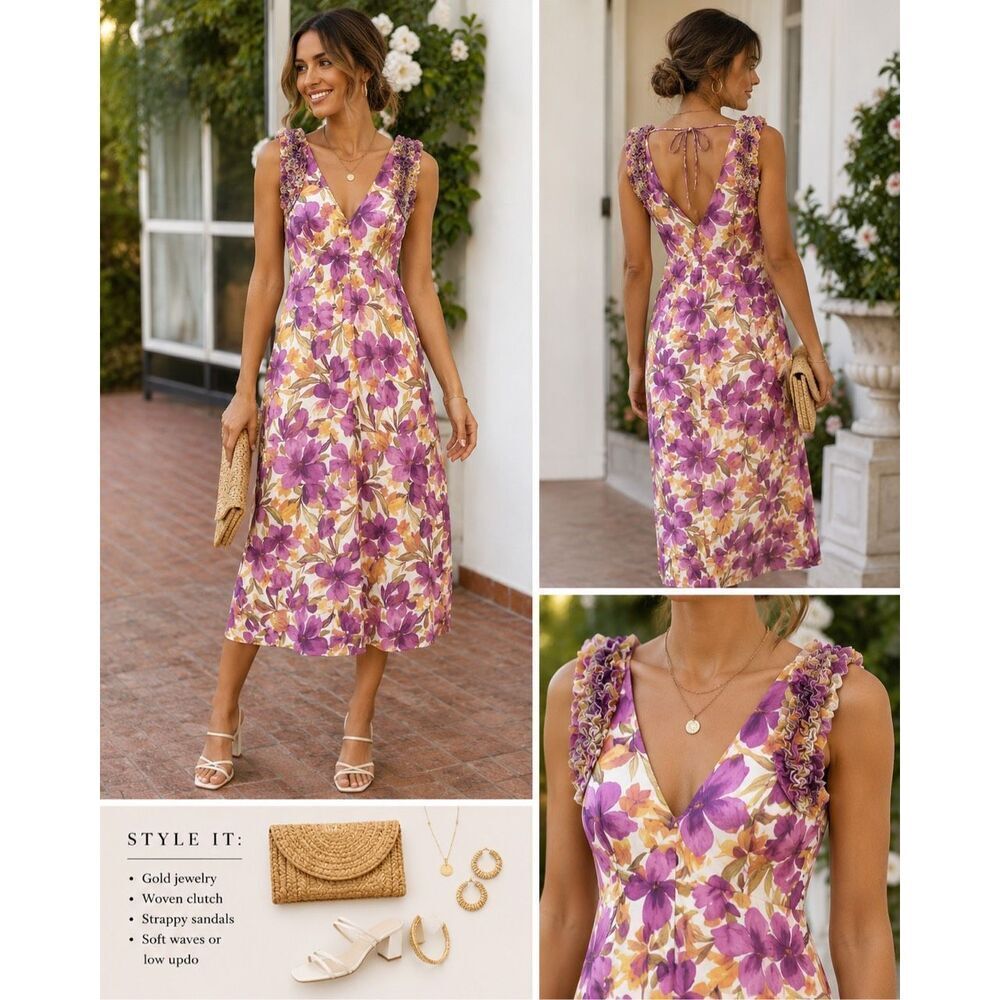 Adelyn Rae Floral Midi Dress M Wedding Guest Cottagecore Ruffle Strap